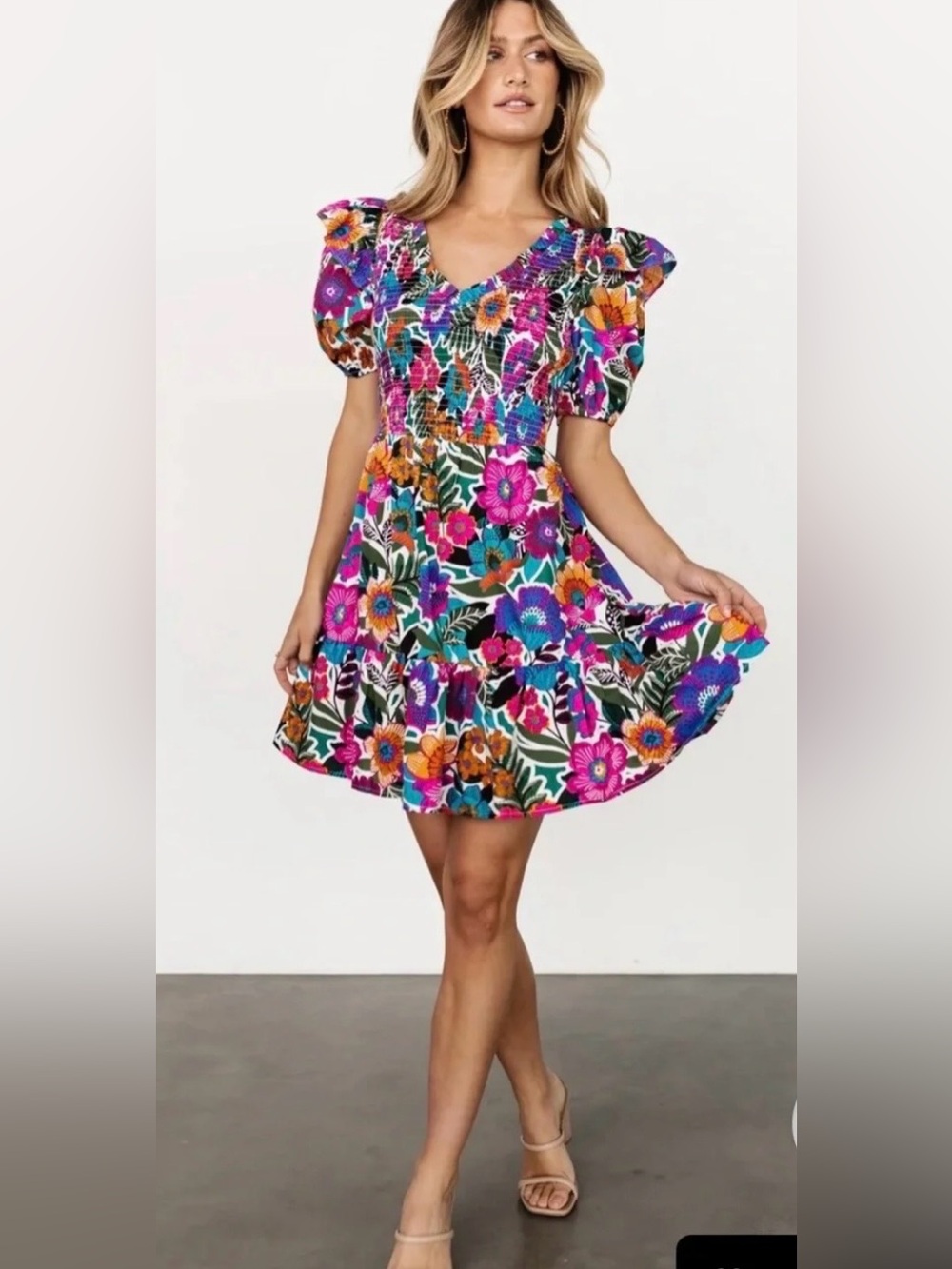 NWOT Baltic Born Floral Smocked Puff-Sleeve Mini Dress - Multicolor